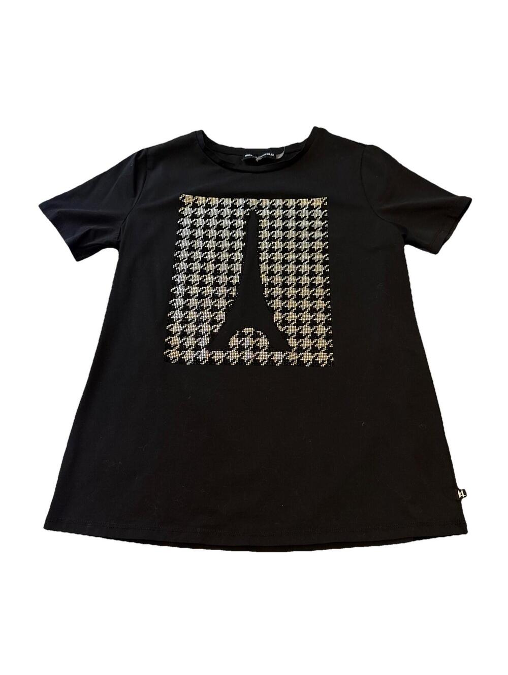 Karl Lagerfeld Women's Black Eiffel Tower Paris Rhinestone Short Sleeve Shirt XS